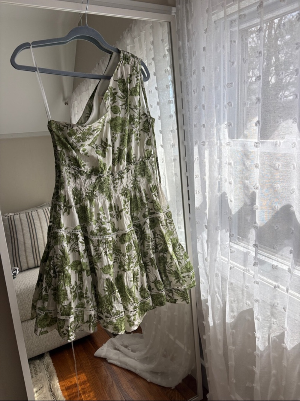 Taylor One-Shoulder Cream Dress with Green Botanical Print